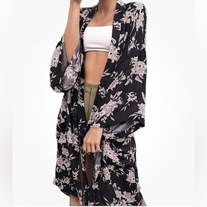 Spiritual Gangster Maya Kimono Robe black and white floral beach cover-up O/S